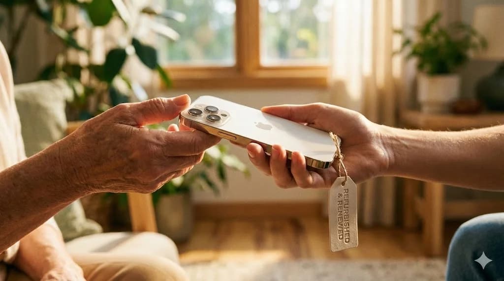 Hands passing refurbished iPhone